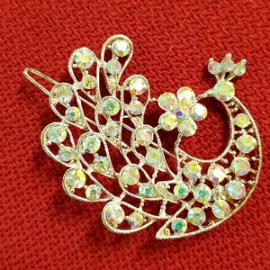 •Silvertone Aurora Borealis rhinestones• peacock hair barrette•Sparkly!